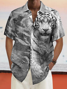 Casual Tiger Printed Cotton Linen Shirt Shirts coofandy Light Grey S 