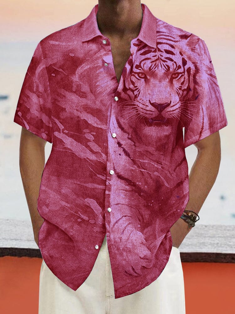 Casual Tiger Printed Cotton Linen Shirt Shirts coofandy Pink S 