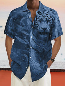 Casual Tiger Printed Cotton Linen Shirt Shirts coofandy Navy Blue S 
