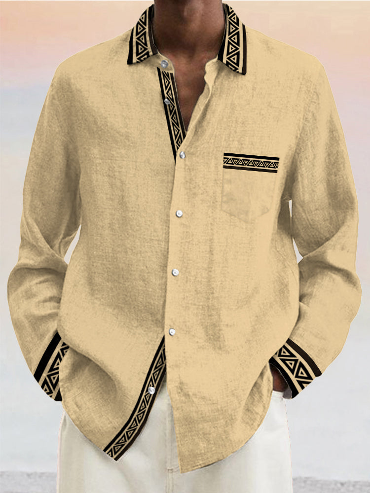 Casual Contrast Pattern Cotton Linen Shirt
