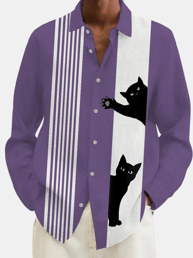 Casual Cat Graphic Cotton Linen Shirt Shirts coofandy Purple S 
