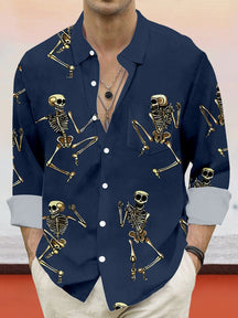 Casual Skull Graphic Cotton Linen Shirt Shirts coofandy Navy Blue S 