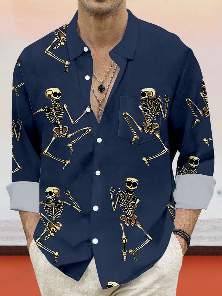 Casual Skull Graphic Cotton Linen Shirt Shirts coofandy Navy Blue S 