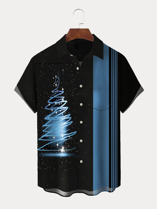 Christmas Tree Graphic Cotton Linen Shirt Shirts coofandy Blue S 